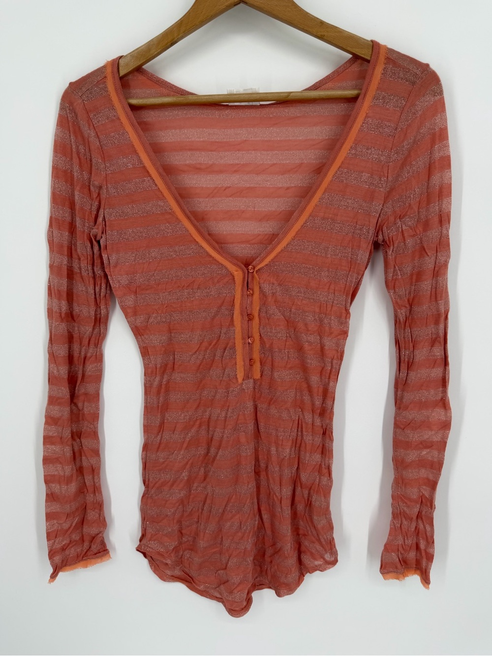 Intimately Free People Metallic Stripe Henley Shirt Top Sheer V Neck Medium
